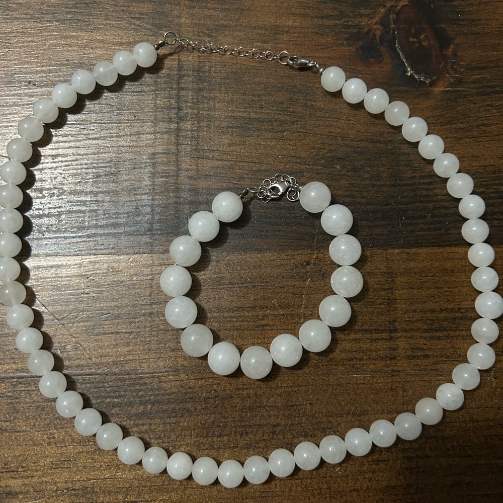 BBP White Jade and Sterling Silver Beaded Necklace and Bracelet Set lot
